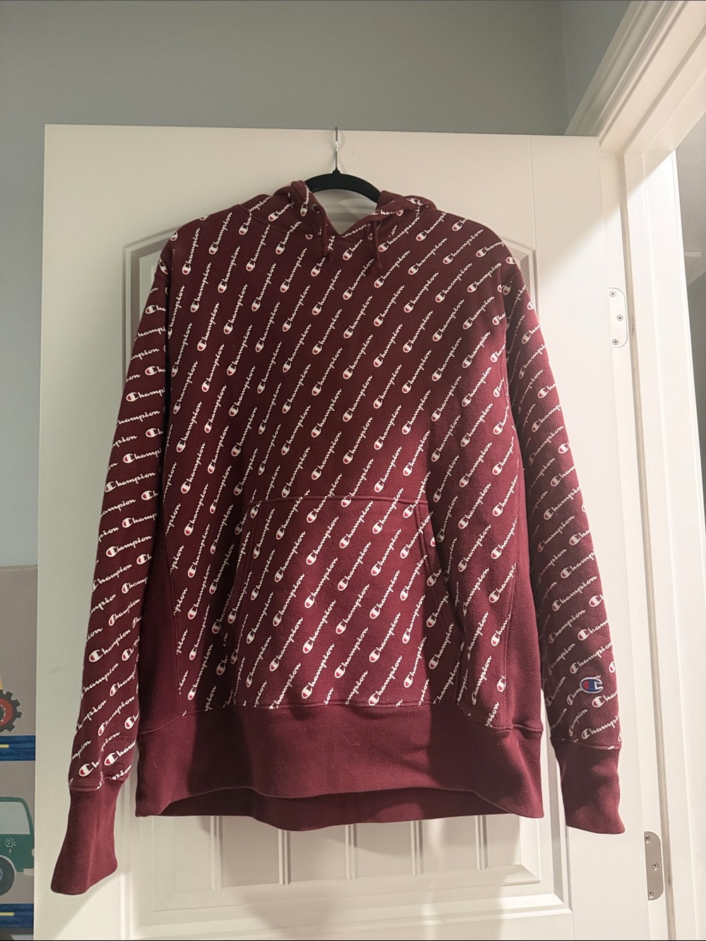 Champion Men's Burgundy All-Over Logo Crewneck Hoodie Large